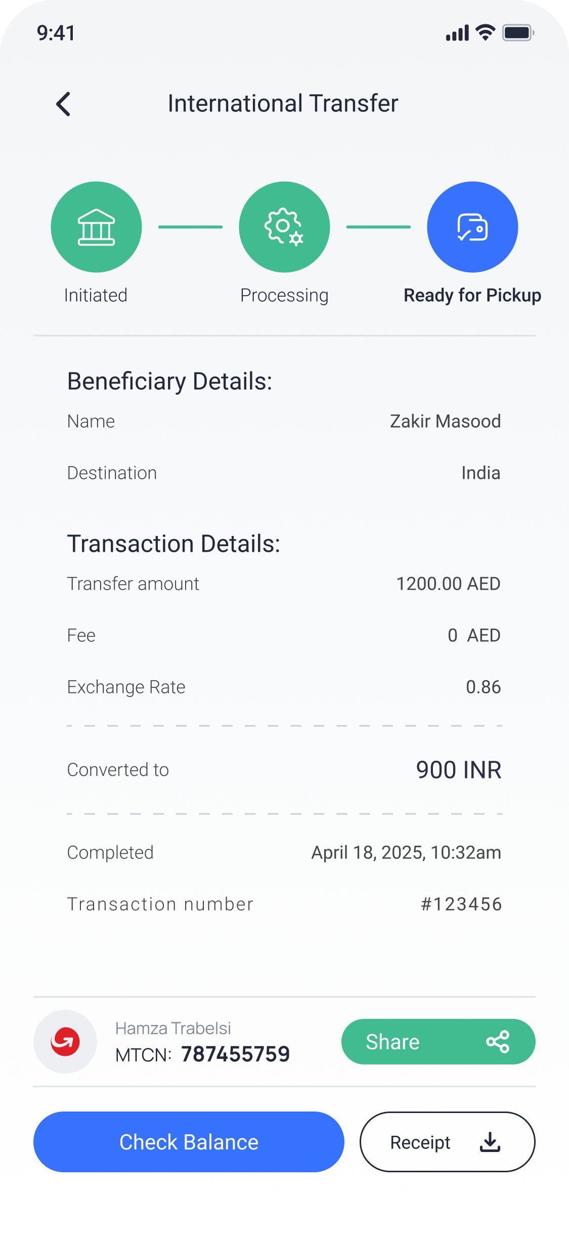 International transfer ready for pickup